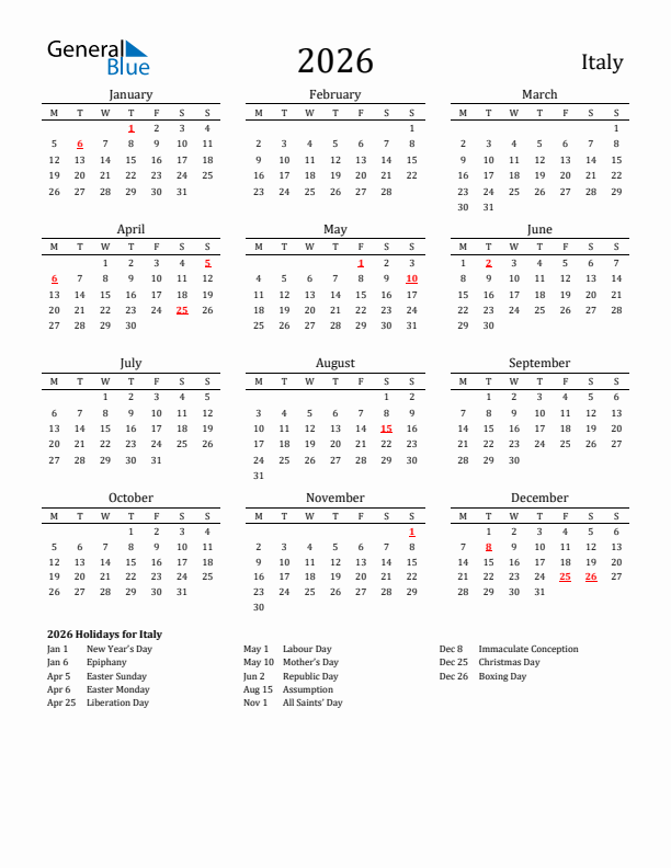 Italy Holidays Calendar for 2026