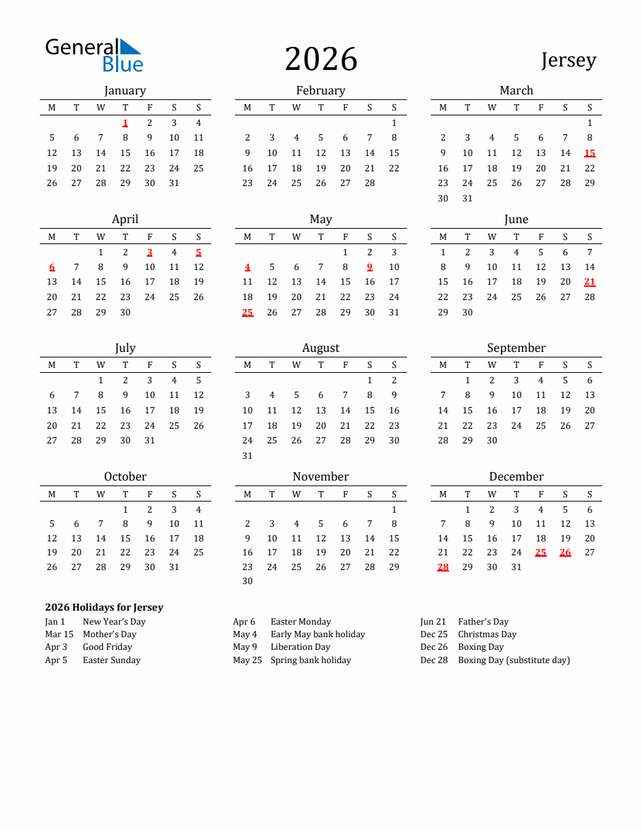 Free Jersey Holidays Calendar For Year 2026