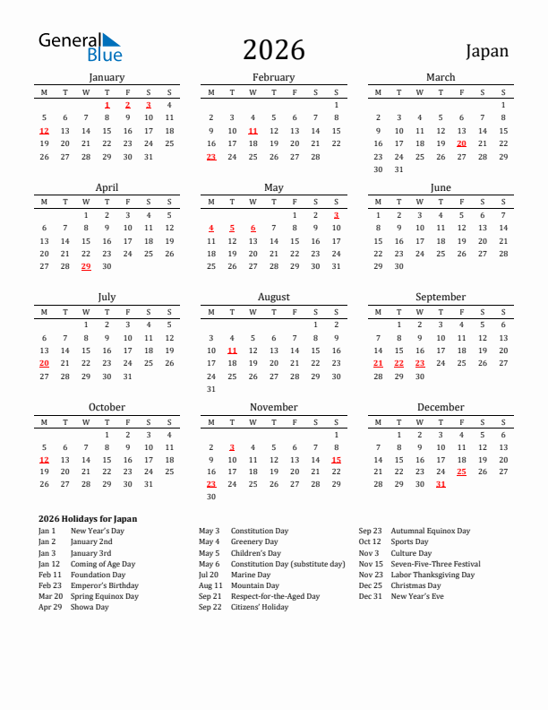Japan Holidays Calendar for 2026