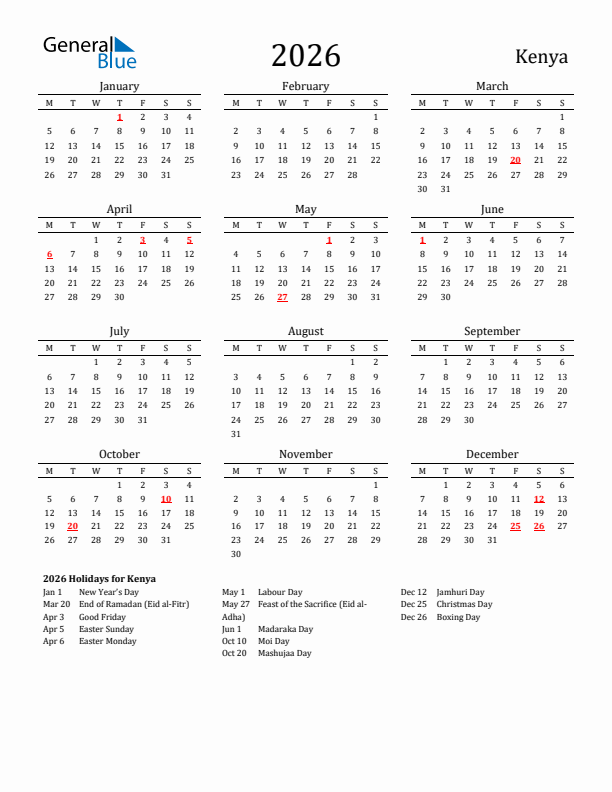 Kenya Holidays Calendar for 2026