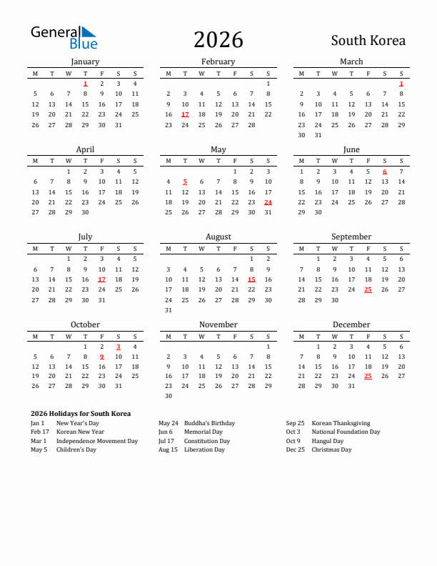 South Korea Holidays Calendar for 2026