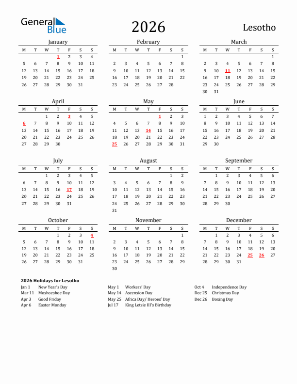 Lesotho Holidays Calendar for 2026