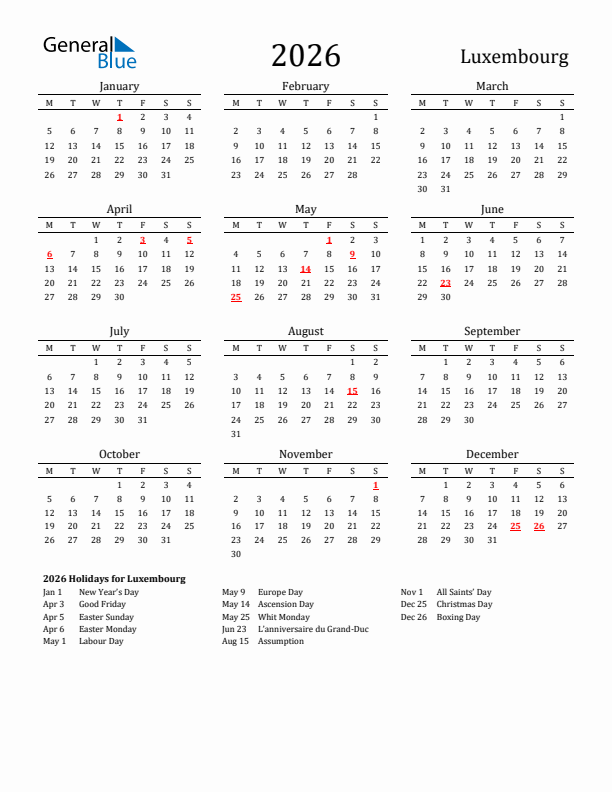 Luxembourg Holidays Calendar for 2026