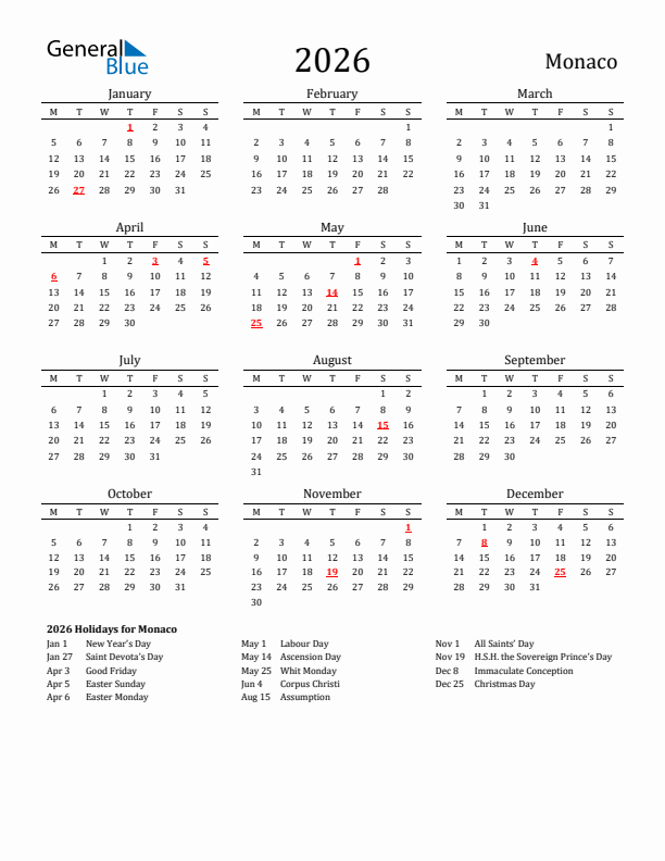 Monaco Holidays Calendar for 2026