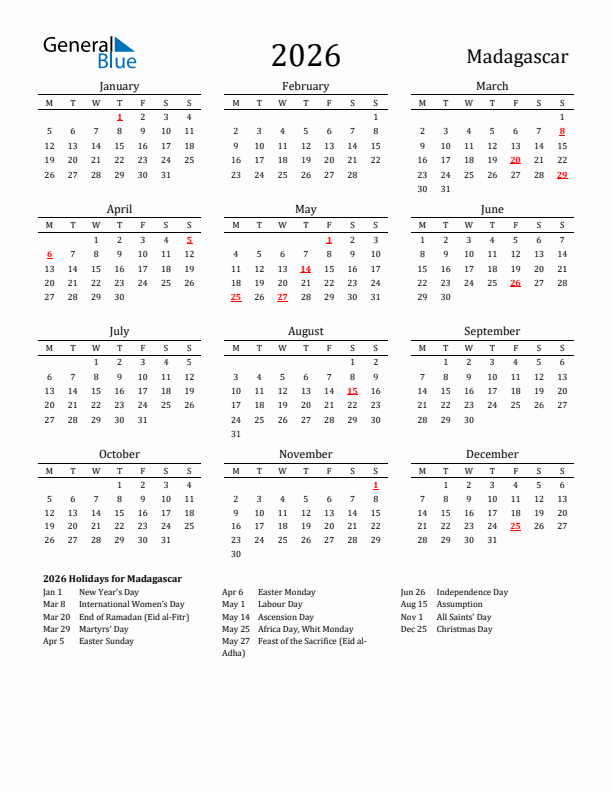 Madagascar Holidays Calendar for 2026
