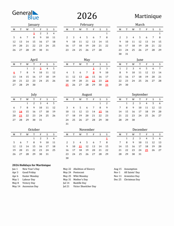 Martinique Holidays Calendar for 2026