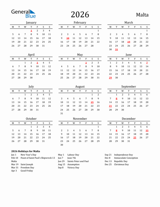 Malta Holidays Calendar for 2026