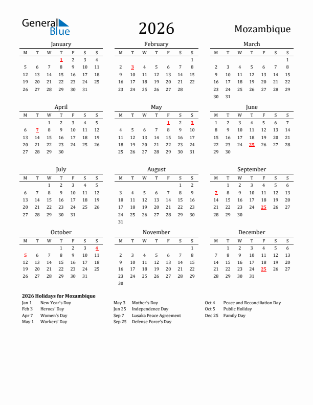 Mozambique Holidays Calendar for 2026