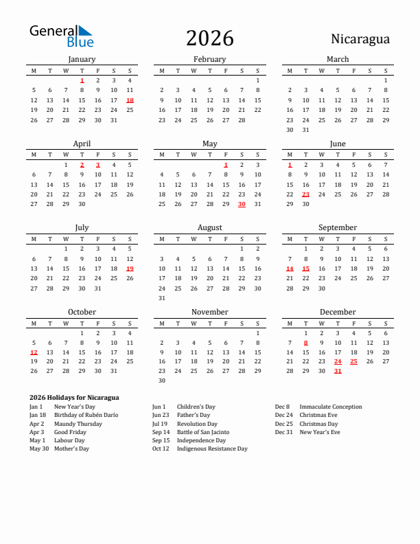 Nicaragua Holidays Calendar for 2026