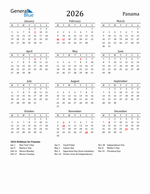 Panama Holidays Calendar for 2026
