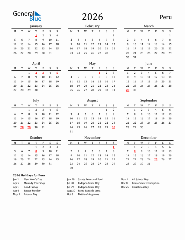 Peru Holidays Calendar for 2026