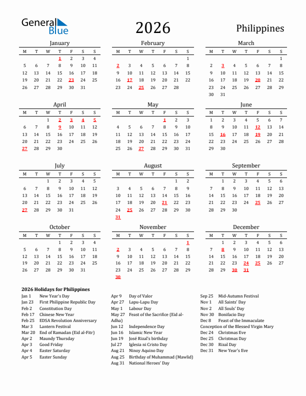 Philippines Holidays Calendar for 2026