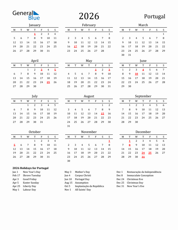 Portugal Holidays Calendar for 2026