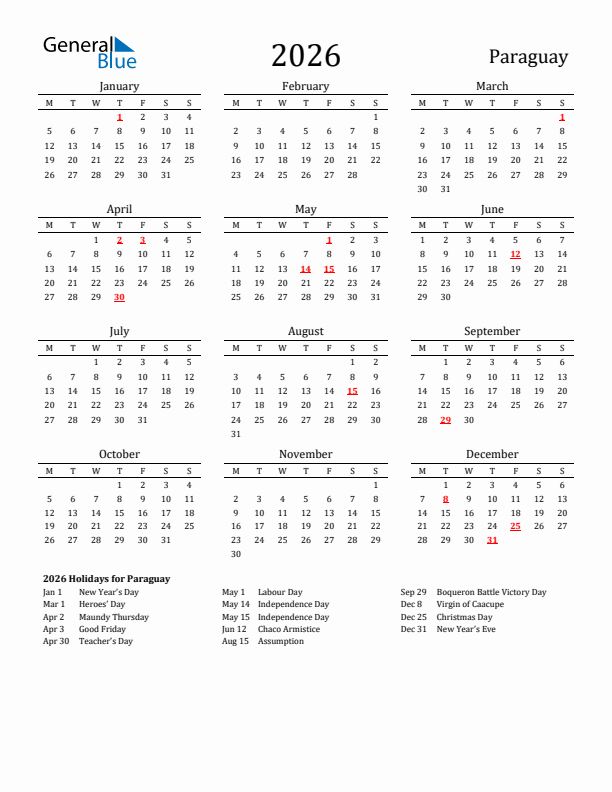 Paraguay Holidays Calendar for 2026