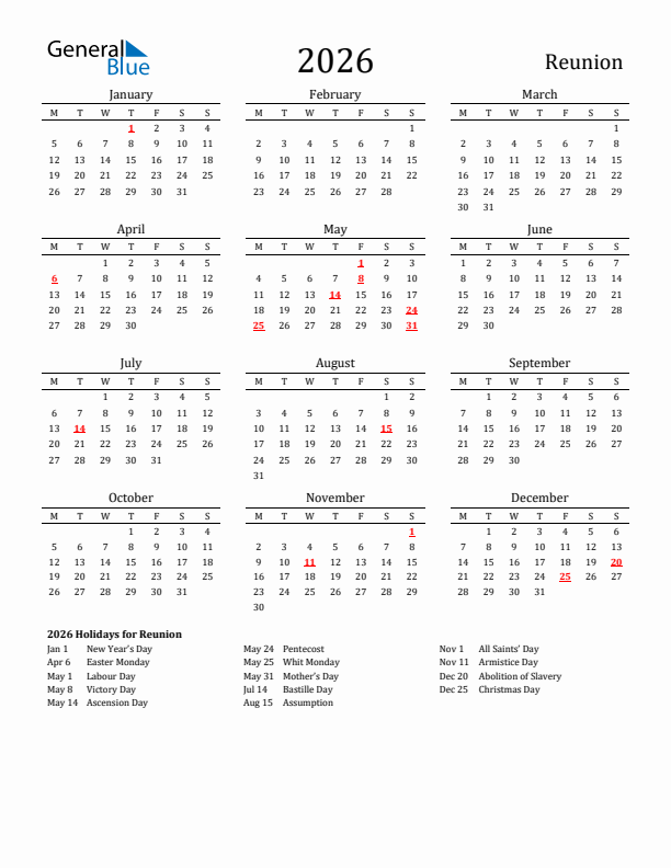 Reunion Holidays Calendar for 2026