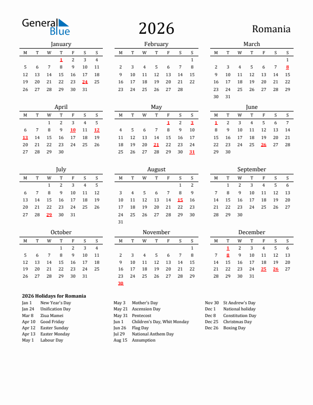Romania Holidays Calendar for 2026