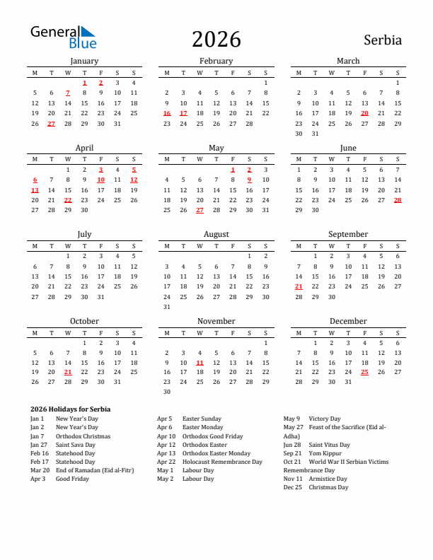 Serbia Holidays Calendar for 2026