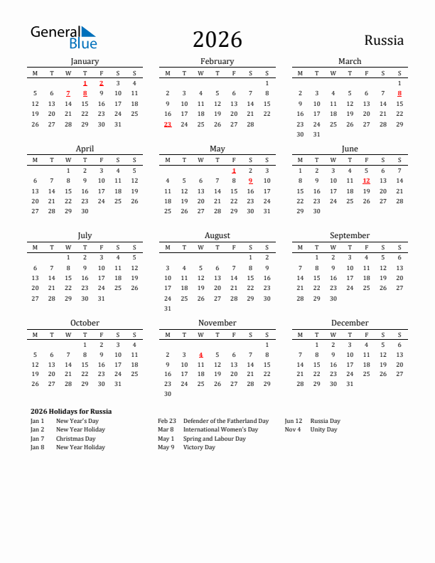 Russia Holidays Calendar for 2026