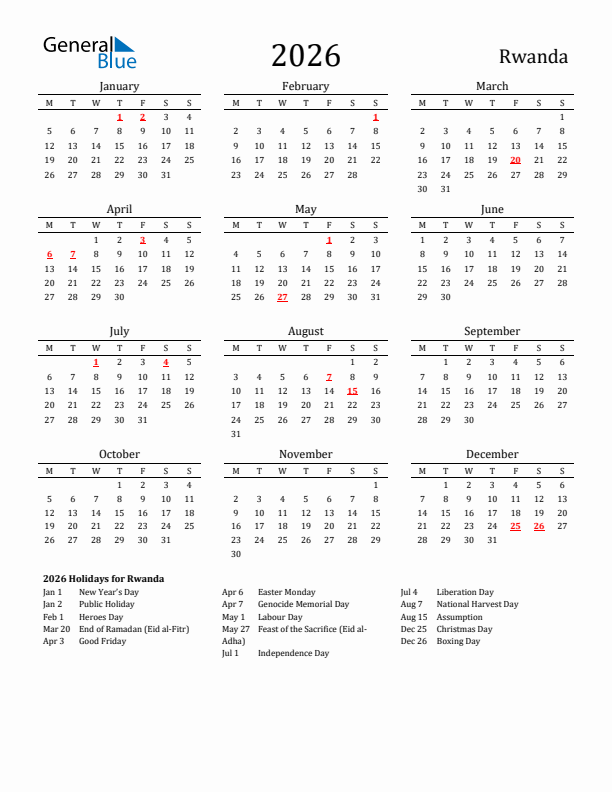 Rwanda Holidays Calendar for 2026