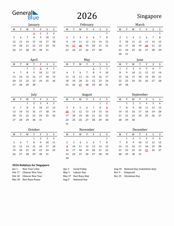 Singapore Holidays Calendar for 2026