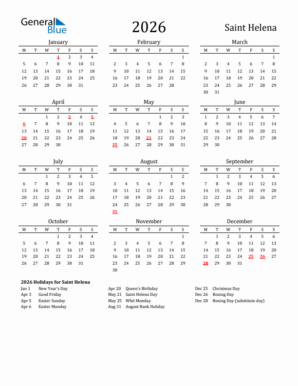 Saint Helena Holidays Calendar for 2026