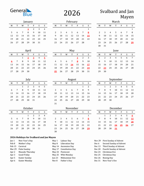 Svalbard and Jan Mayen Holidays Calendar for 2026