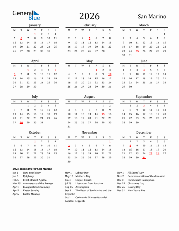 San Marino Holidays Calendar for 2026
