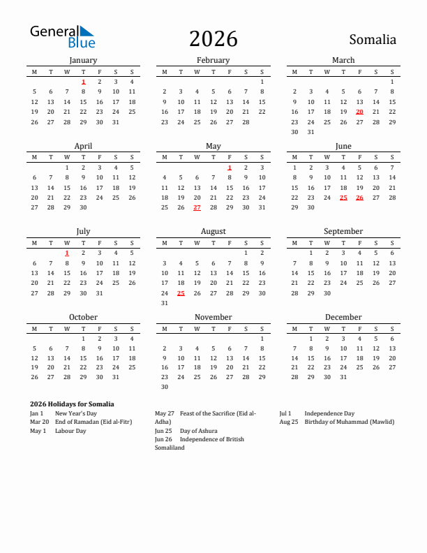 Somalia Holidays Calendar for 2026