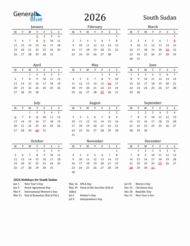 South Sudan Holidays Calendar for 2026