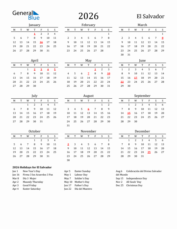 El Salvador Holidays Calendar for 2026