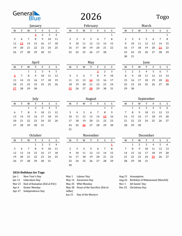 Togo Holidays Calendar for 2026