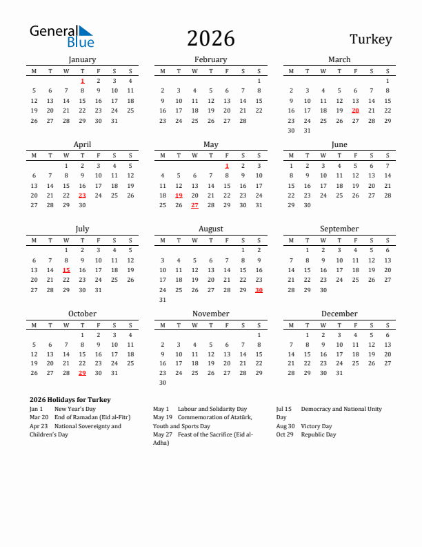 Turkey Holidays Calendar for 2026