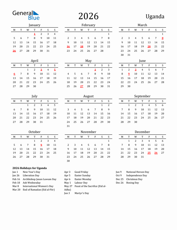 Uganda Holidays Calendar for 2026