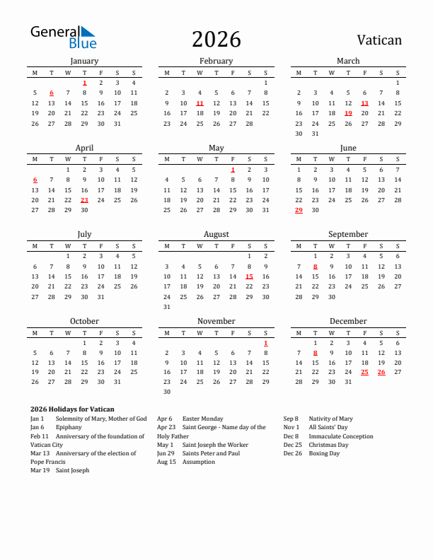 Vatican Holidays Calendar for 2026