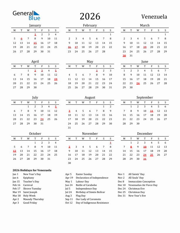 Venezuela Holidays Calendar for 2026