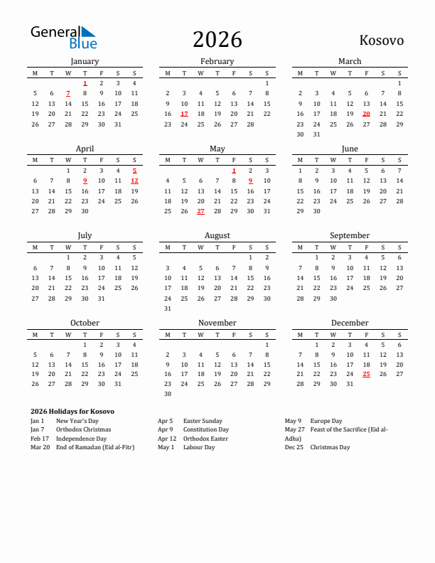Kosovo Holidays Calendar for 2026