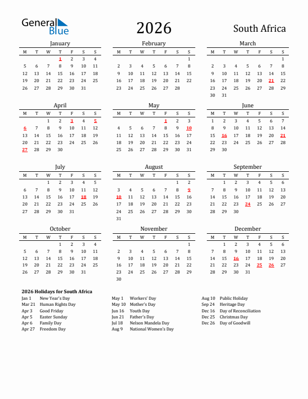 South Africa Holidays Calendar for 2026