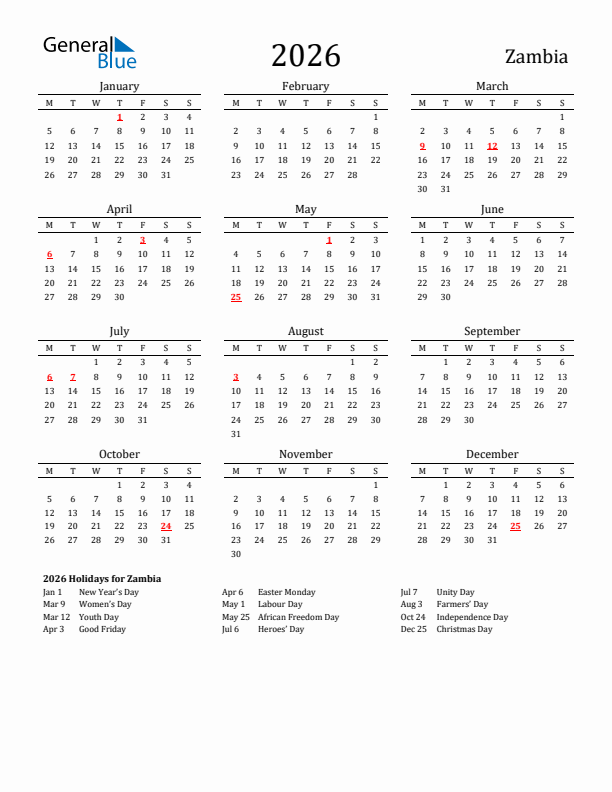 Zambia Holidays Calendar for 2026