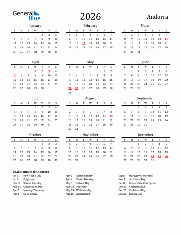 Andorra Holidays Calendar for 2026