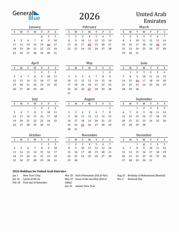 United Arab Emirates Holidays Calendar for 2026