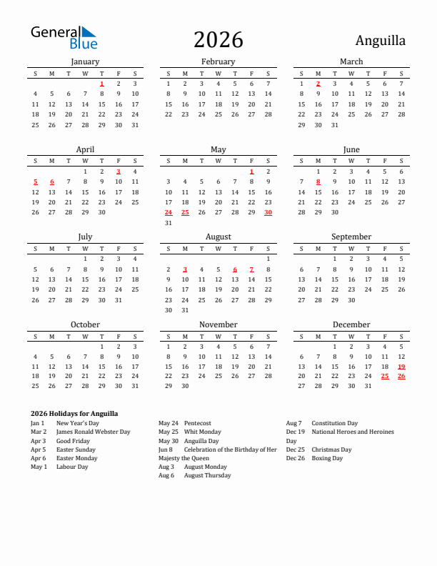 Anguilla Holidays Calendar for 2026