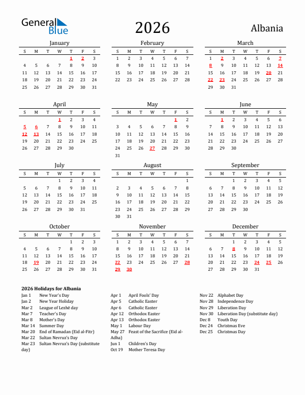 Albania Holidays Calendar for 2026