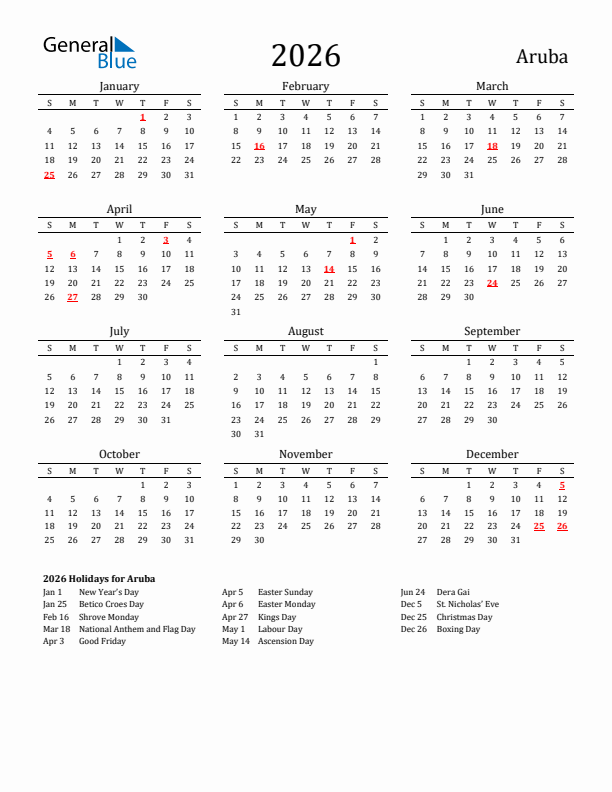 Aruba Holidays Calendar for 2026