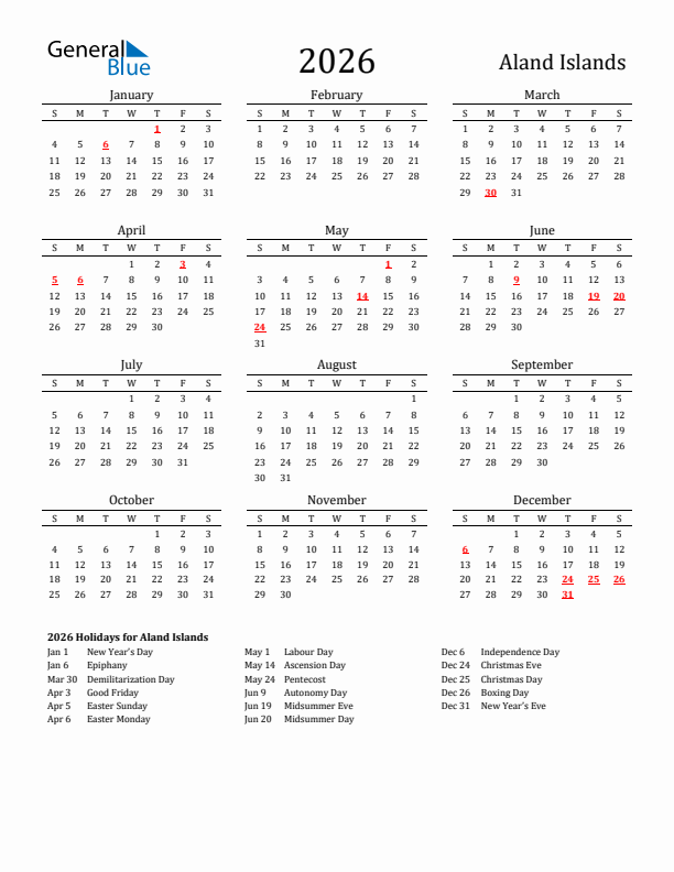 Aland Islands Holidays Calendar for 2026