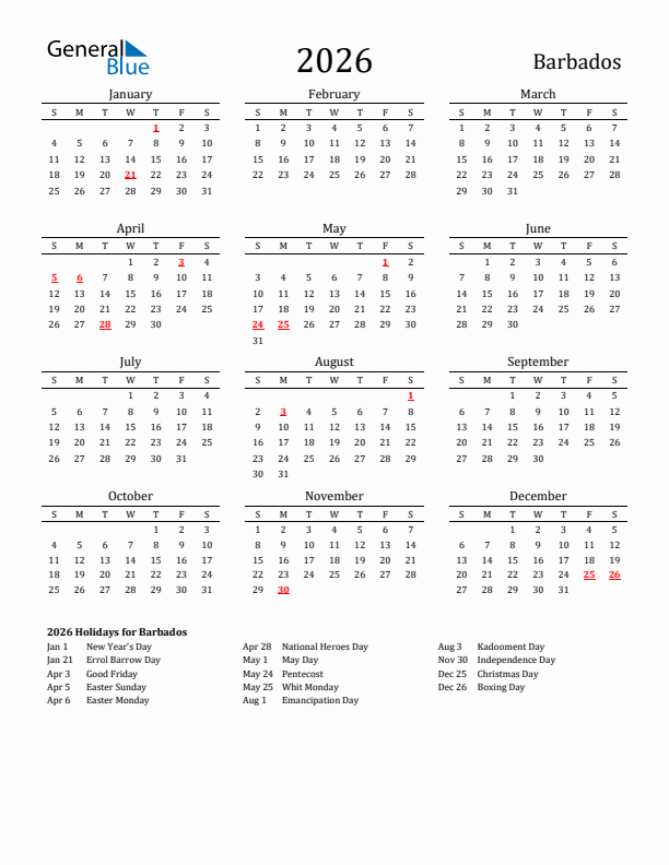 Barbados Holidays Calendar for 2026