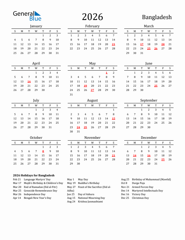 Bangladesh Holidays Calendar for 2026