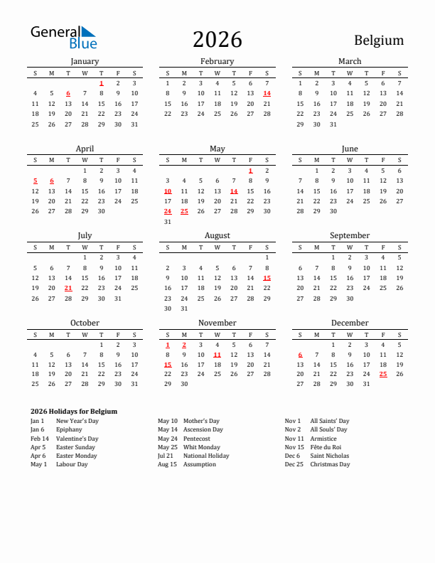 Belgium Holidays Calendar for 2026