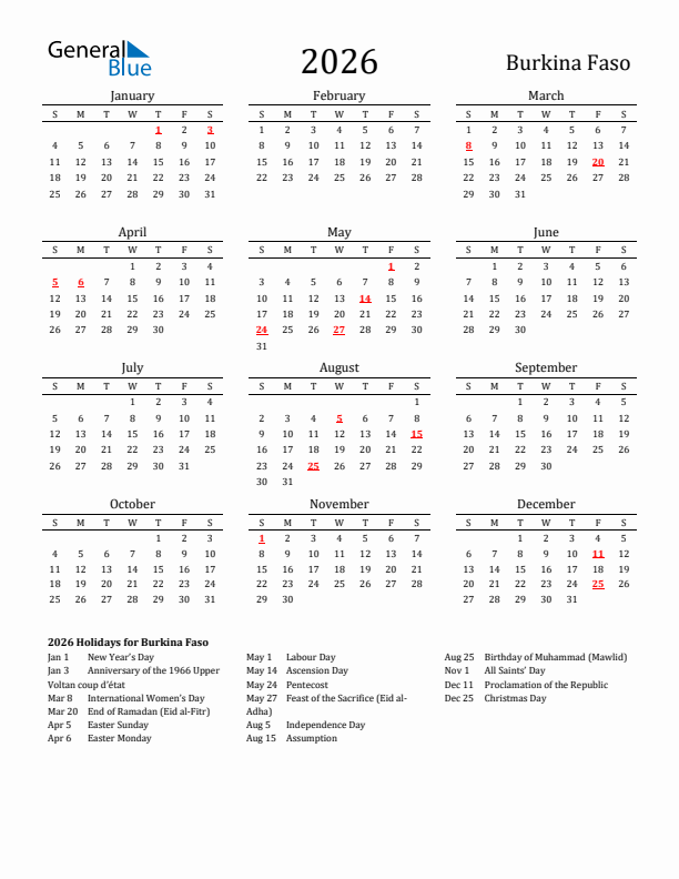 Burkina Faso Holidays Calendar for 2026