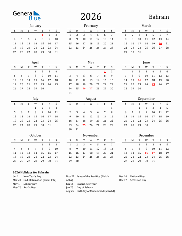 Bahrain Holidays Calendar for 2026