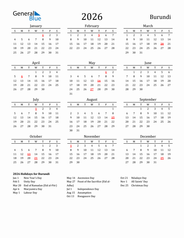 Burundi Holidays Calendar for 2026